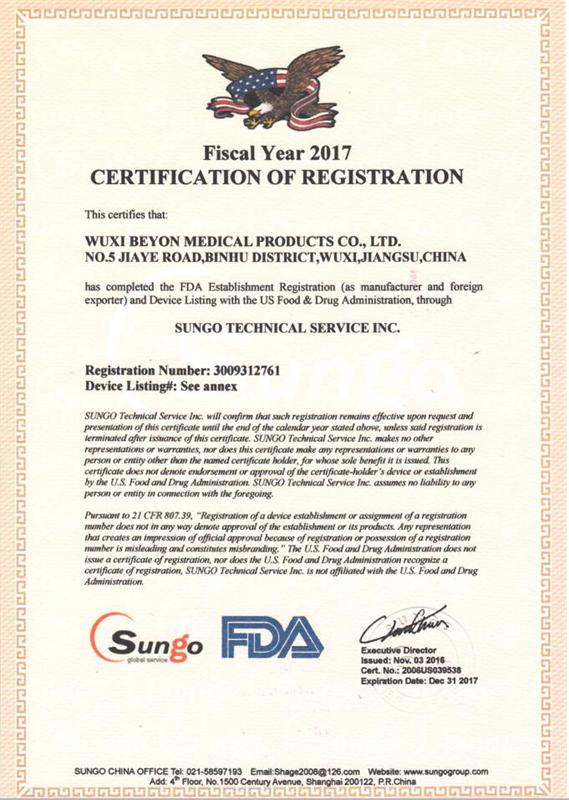 2017 FDA Certificate WUXI BEYON MEDICAL PRODUCTS CO LTD 